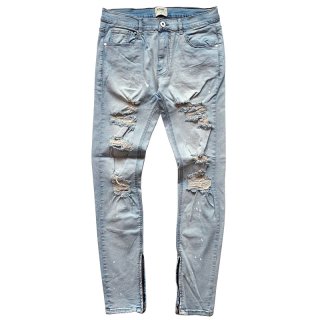 KDNK DENIM PAINT SPLATTER DESTROYED ANKLE ZIP JEANS LIGHT BLUE