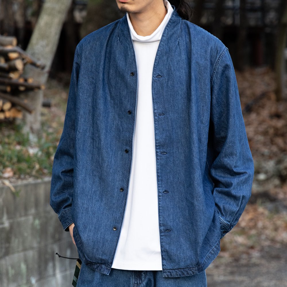 <img class='new_mark_img1' src='https://img.shop-pro.jp/img/new/icons2.gif' style='border:none;display:inline;margin:0px;padding:0px;width:auto;' />KUON 9oz Denim Kimono Collar Shirt 114SH041400 color:Indigo