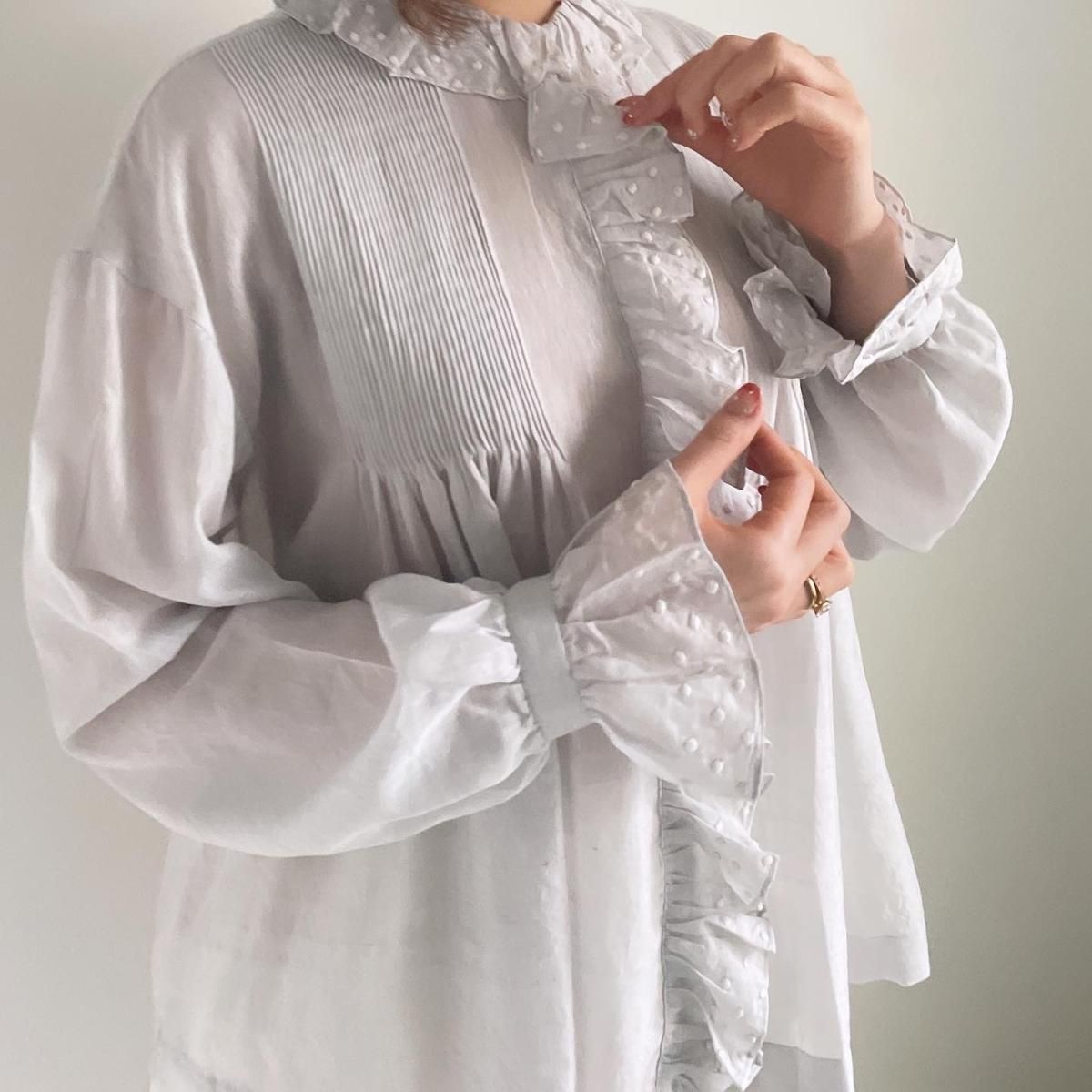 BUNON Khadi Cotton Silk Embroidery Frill Blouse/BN2420*SL#IT BUNON Khadi Cotton Silk Embroidery Frill Blouse/BN2420*SL#IT
