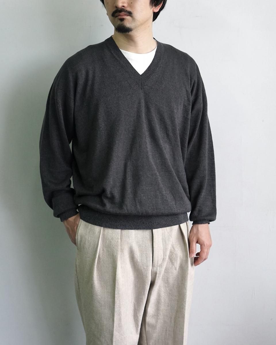 Olde H&Daughter LINEN/SILK PLAIN STITCH V NECK L/S / BK045