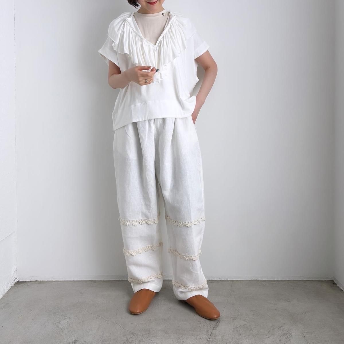 ブノン　パンツ BUNON(ブノン) EMBROIDERY GATHER PANTS コットンシルク 裾