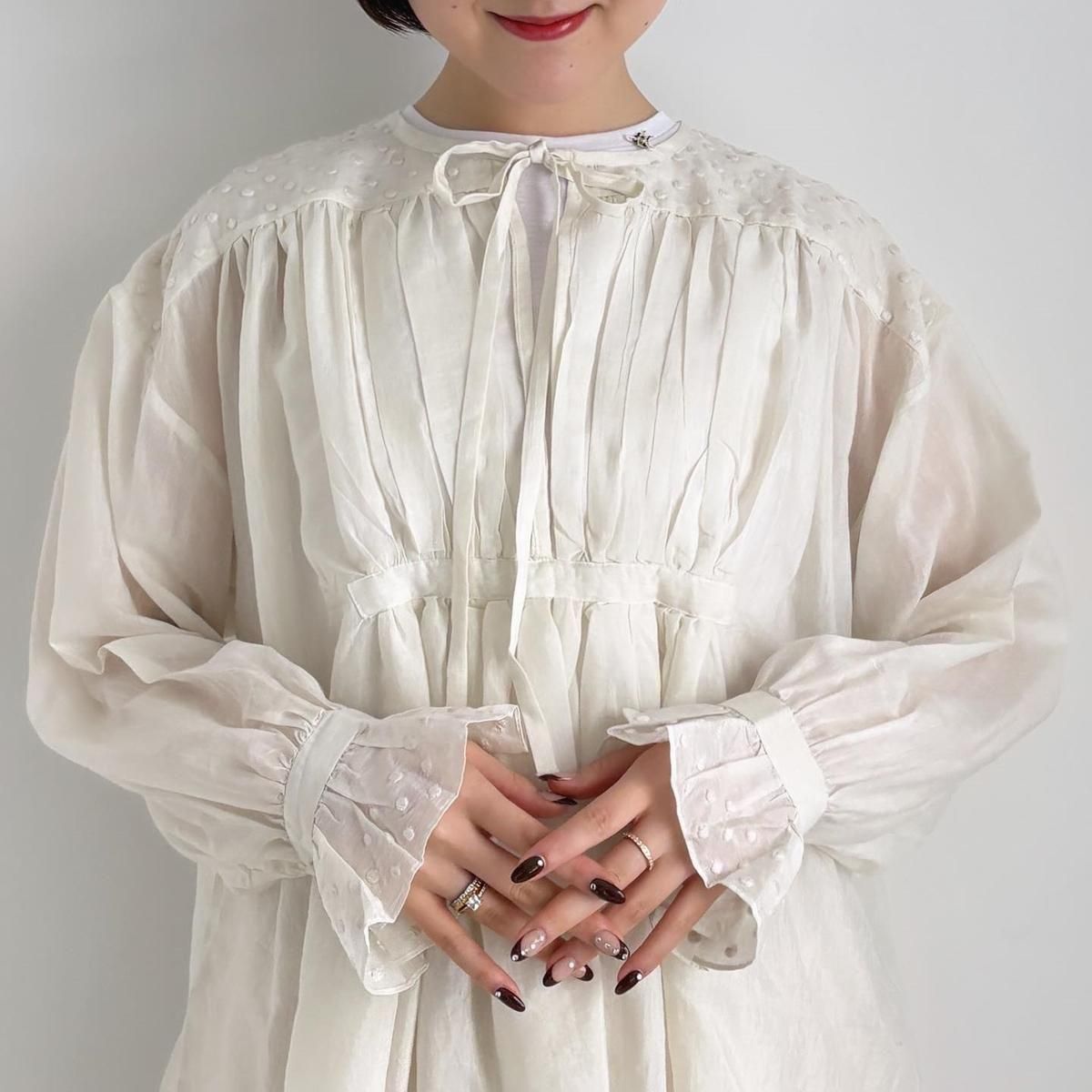 トップス BUNON Cotton Silk Khadi Gather Blouse BUNON Khadi Cotton Silk Embroidery Ribbon Gather Blouse