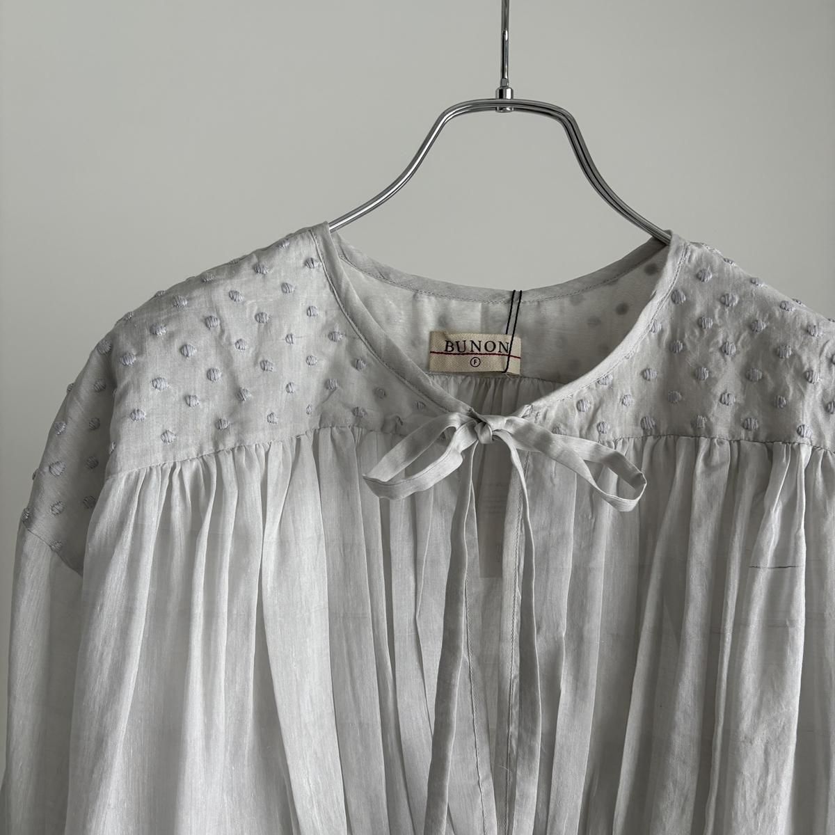 BUNON Khadi Cotton Silk Embroidery Ribbon Gather Blouse