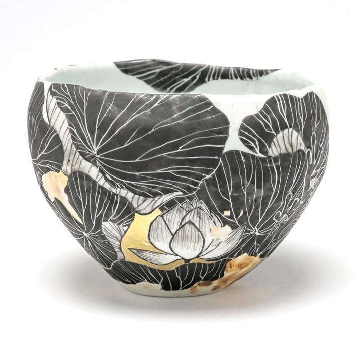 九谷焼　井上雅子　高杯　白い花 蓮と蛙 抹茶碗｜井上雅子 - 縁煌 (えにしら) オンラインショップ