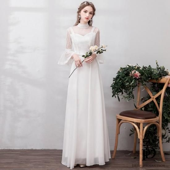ハイネック フレア袖 ドットレース ウエディングドレス W68 Dressproduction ハイネック フレア袖 ドットレース ウエディングドレス W68 Dressproduction