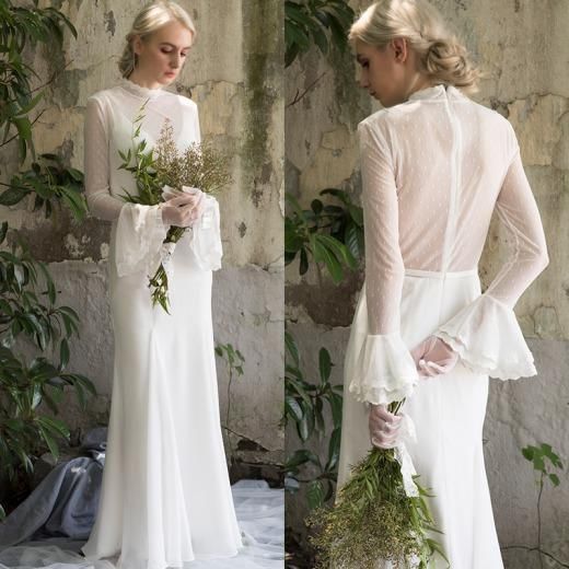 フレア袖 ハイネック ドット ヴィンテージ風 ウエディングドレス W117 Dressproduction フレア袖 ハイネック ドット ヴィンテージ風 ウエディングドレス W117 Dressproduction
