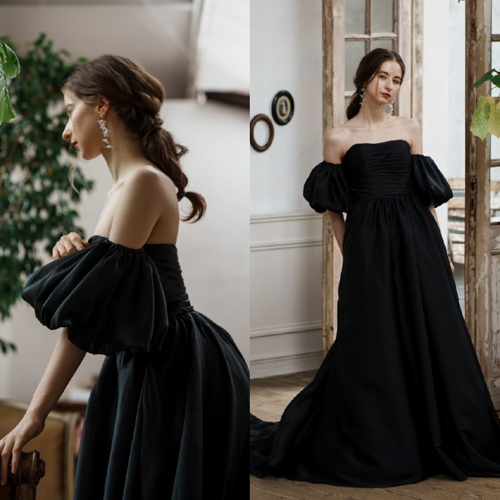 オーガンジーサテン パフスリーブドレス ブラック（W260BK） - 1万円台からのウエディングドレス♪オーダーメイド、二次会、前撮りドレス