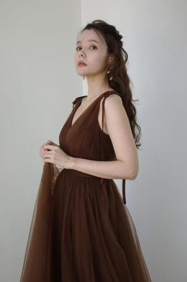 リボンショルダー Vネック ブラウン チュールドレス(W271) - DRESSPRODUCTION