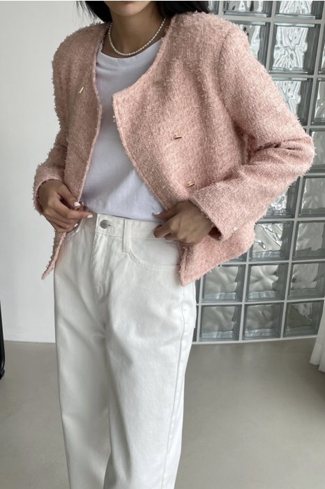 clear button tweed jacket<br>ivory,pink