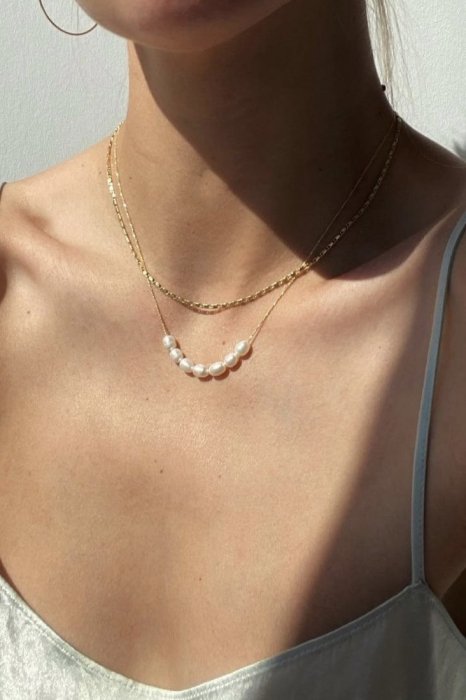 *淡水パール*<br>rose pearl<br>double necklace<br>gold,silver