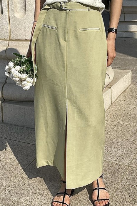 front slit<br>belt skirt<br>green