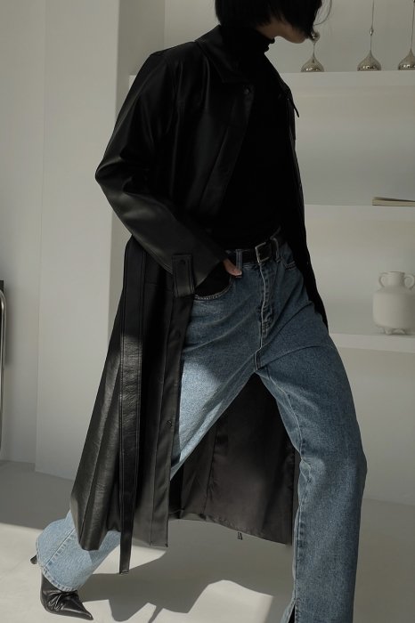 double stitch<br>vegan leather trench coat<Br>black