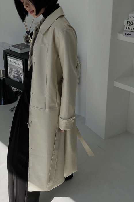 double stitch<br>vegan leather trench coat<Br>cream ivory