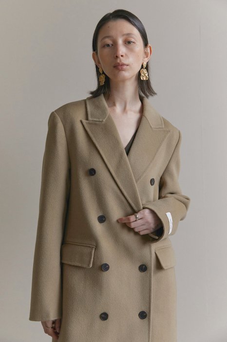 wool 100%<br>classic double<br>hand made coat<br>khaki beige
