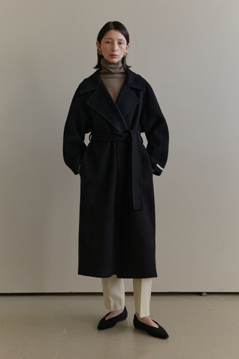 wool 100%<br>classic belted<br>hand made coat<br>black