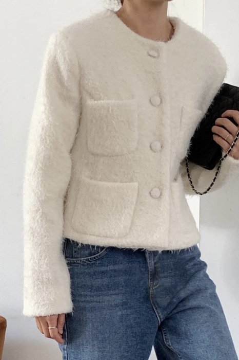 wool 80%<br>rima no collar<br>wool pocket jacket<br>ivory