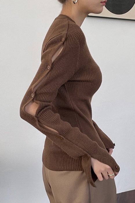 cashmere<br>button sleeves<br>round neck knit<br>brown