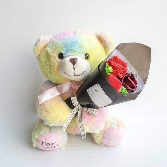 ソープフラワー フェアリーブーケベア レインボー バラ専門店 Rosegift ローズギフト