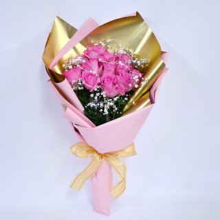 [バレンタインギフト] パールリボン プレミアムローズ バラの花束 ピンク 12本