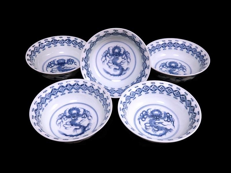 古伊万里 染付 七宝繋ぎ紋に龍の図 膾皿 5枚セット