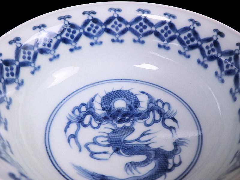 古伊万里　染付　七宝紋に梅の図　膾皿　５客　381AS-CAv 古伊万里染付七宝紋に梅の図膾皿5客381AS-CAv