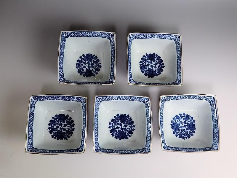 大聖寺伊万里 唐獅子牡丹の図 四方角向付 5客セット