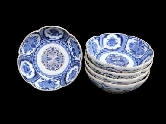 古伊万里 染付 花に獅子の図 膾皿 5枚セット 古伊万里 染付 花に獅子の図 膾皿 5枚セット