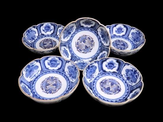 古伊万里 染付 三蓋松に牡丹の図 大膾皿 2客 江戸期 B231AS-CAj