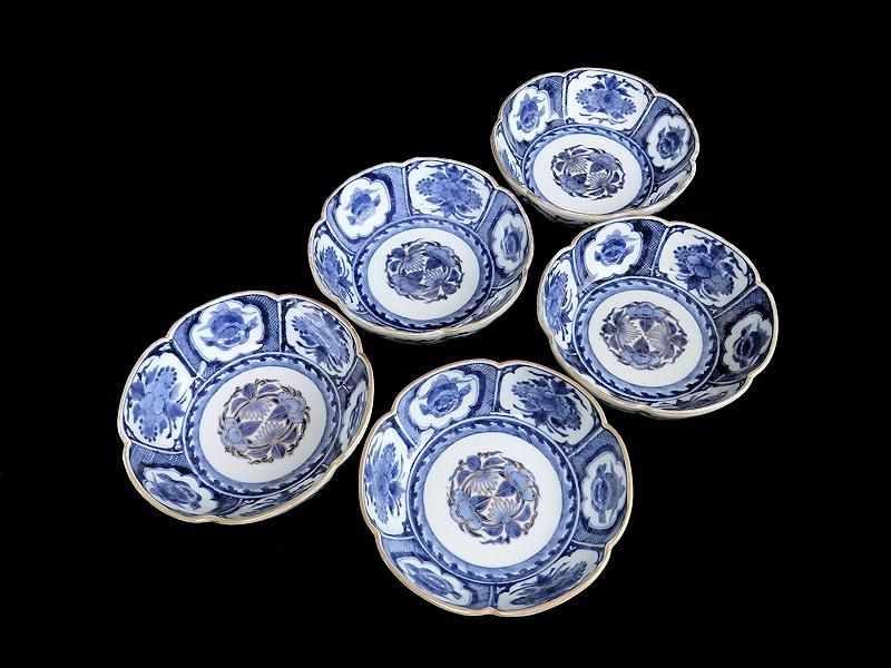 古伊万里 染付 花に獅子の図 膾皿 5枚セット 古伊万里 染付 花に獅子の図 膾皿 5枚セット
