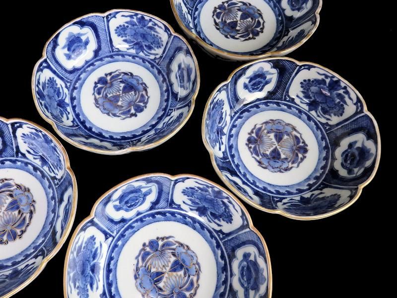 古伊万里 染付 花に獅子の図 膾皿 5枚セット 古伊万里 染付 花に獅子の図 膾皿 5枚セット