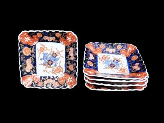 古伊万里　色絵　牡丹に柘榴　紗綾形紋に七宝紋の図　大深鉢　C015AS-fbqn 古伊万里 色絵 獅子に七宝紋の図 角皿 5枚セット