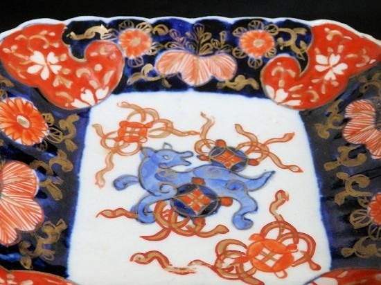 古伊万里 色絵 獅子に七宝紋の図 角皿 5枚セット