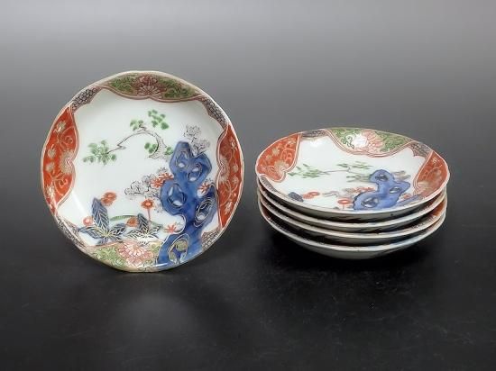 古伊万里 金襴手 岩に花の図 4寸皿 5枚セット