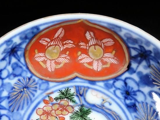 大聖寺伊万里 染錦 窓絵花鳥紋 松竹梅に欄干図 豆皿