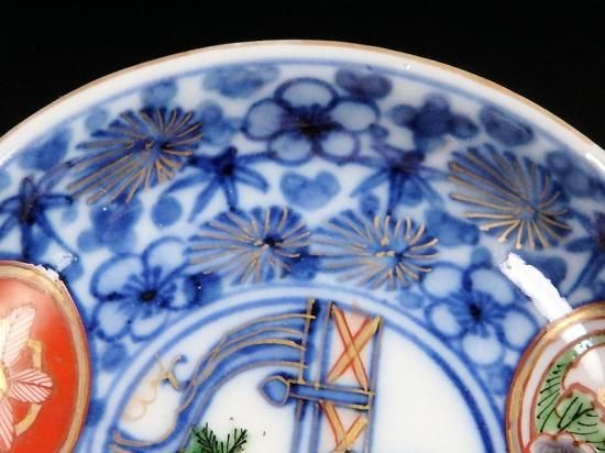 大聖寺伊万里 染錦 窓絵花鳥紋 松竹梅に欄干図 豆皿