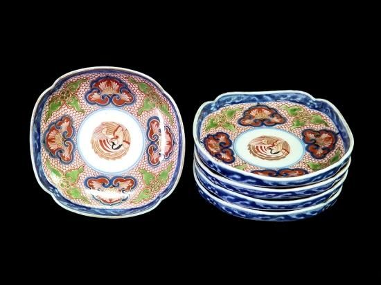 大聖寺伊万里 金襴手 鳳凰に毘沙門亀甲紋図 四方角皿 5枚セット