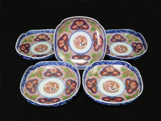 大聖寺伊万里 金襴手 鳳凰に毘沙門亀甲紋図 四方角皿 5枚セット 大聖寺伊万里 金襴手 鳳凰に毘沙門亀甲紋図 四方角皿 5枚セット