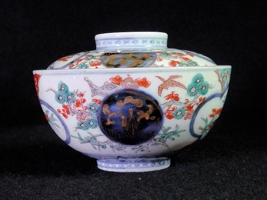 古伊万里 金襴手 松竹梅に鶴 窓絵双魚図 蓋茶碗 古伊万里 金襴手 松竹梅に鶴 窓絵双魚図 蓋茶碗
