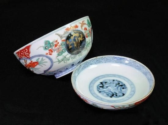 古伊万里 金襴手 松竹梅に鶴 窓絵双魚図 蓋茶碗 古伊万里 金襴手 松竹梅に鶴 窓絵双魚図 蓋茶碗