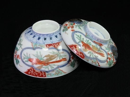 古伊万里 金襴手 松竹梅に鶴 窓絵双魚図 蓋茶碗