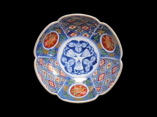 大聖寺伊万里 金襴手 丸紋に獅子 花菱紋図 膾皿