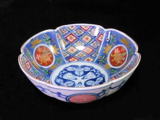 大聖寺伊万里　花に唐獅子　丸紋に金唐草の図　膾皿　５客　B225 AS-CGc 大聖寺伊万里花に唐獅子丸紋に金唐草の図膾皿5客B225 AS-CGc