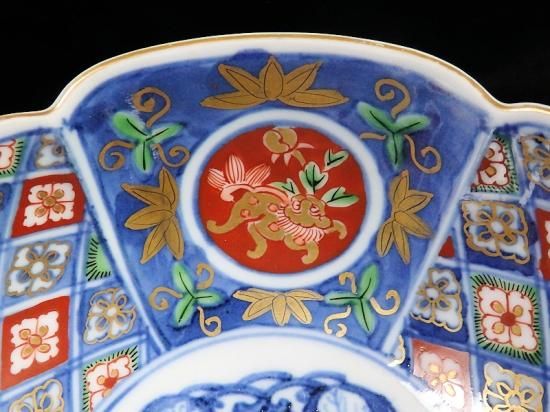 大聖寺伊万里　花に唐獅子　丸紋に金唐草の図　膾皿　５客　B225 AS-CGc 大聖寺伊万里花に唐獅子丸紋に金唐草の図膾皿5客B225 AS-CGc