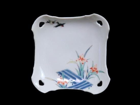 大聖寺伊万里 柿右衛門写 鳥に燕子花図 四方皿