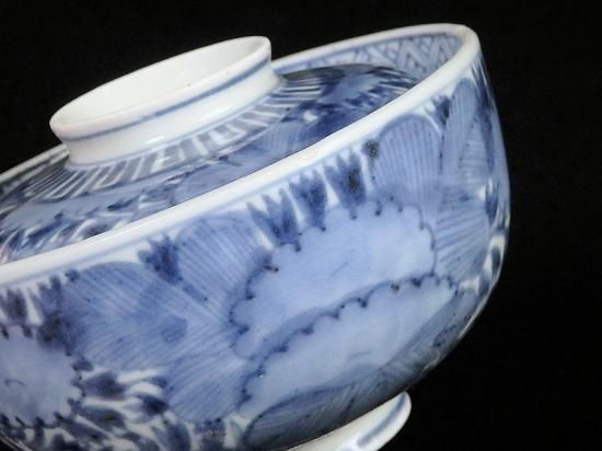 古伊万里 染付 雪輪に若松紋の図 蓋茶碗 江戸期