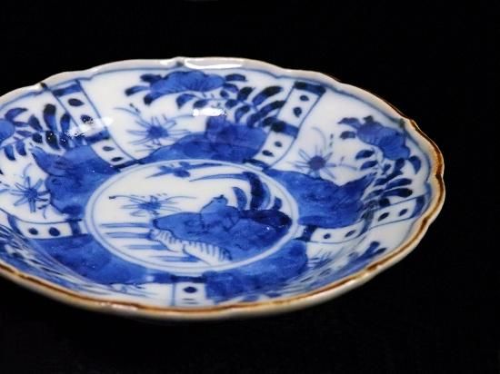 古伊万里 染付 芙蓉手 鶉に花図 豆皿