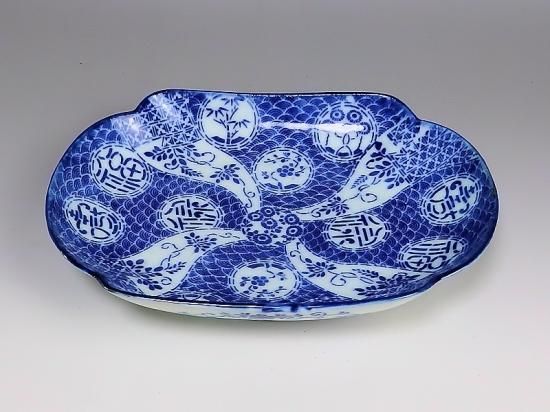 伊万里 染付 印判 青海波に捻り藤の図 変形皿 5枚セット