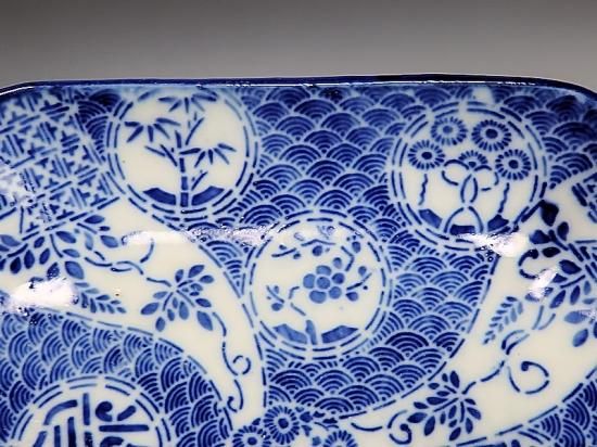 伊万里 染付 印判 青海波に捻り藤の図 変形皿 5枚セット