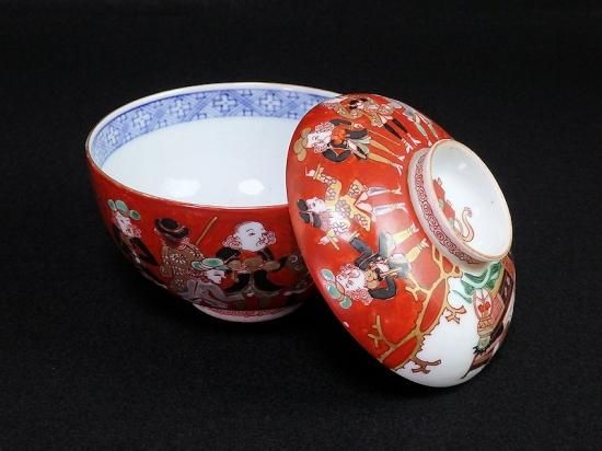 古伊万里 色絵 五艘船に南蛮人図 蓋茶碗