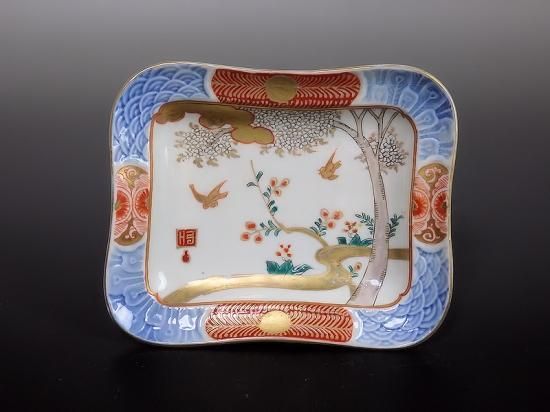 古伊万里 色絵 流水に花鳥紋図 角皿 古伊万里 色絵 流水に花鳥紋図 角皿